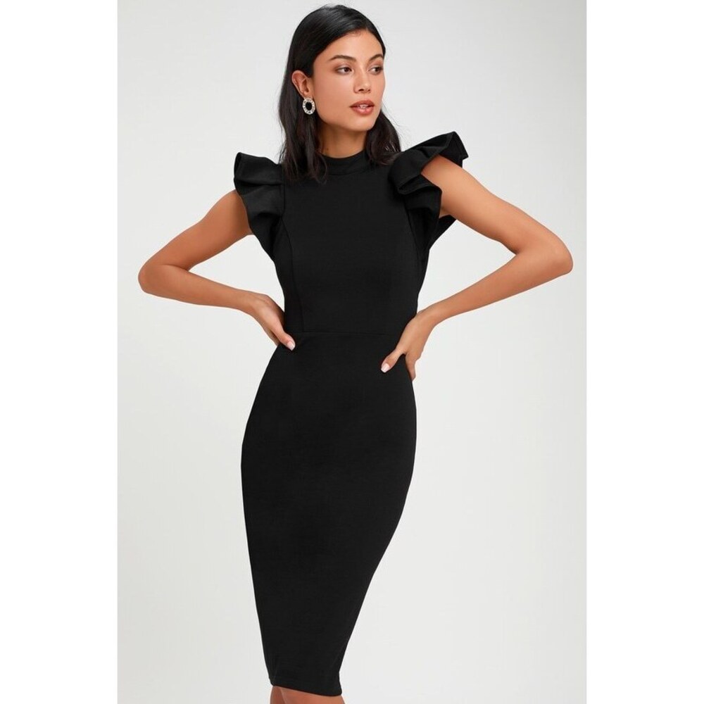 Lulus Stylish Splendor Black Backless Ruffle Bodycon Midi Dress - Size S